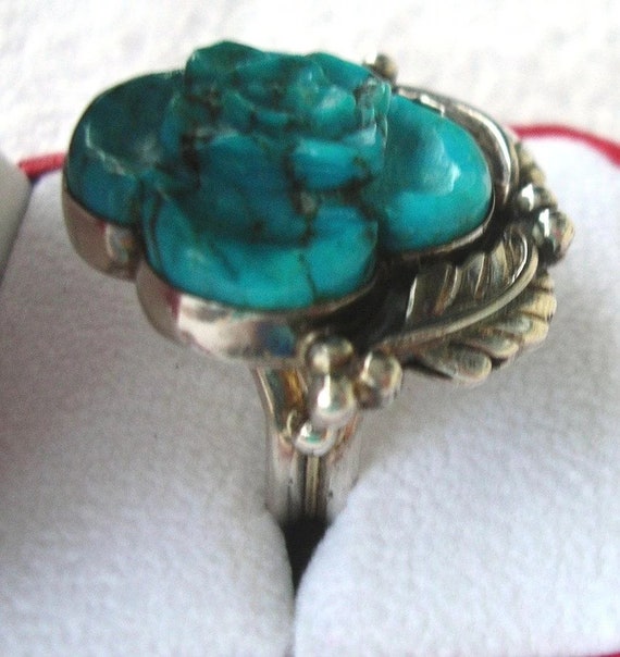 Sterling Silver & Large Turquoise Flower Ring 12 … - image 2