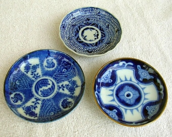 3 Chinese19th century Blue & White Bowls/Dish, Rice, Tea, Saki, Excellent
