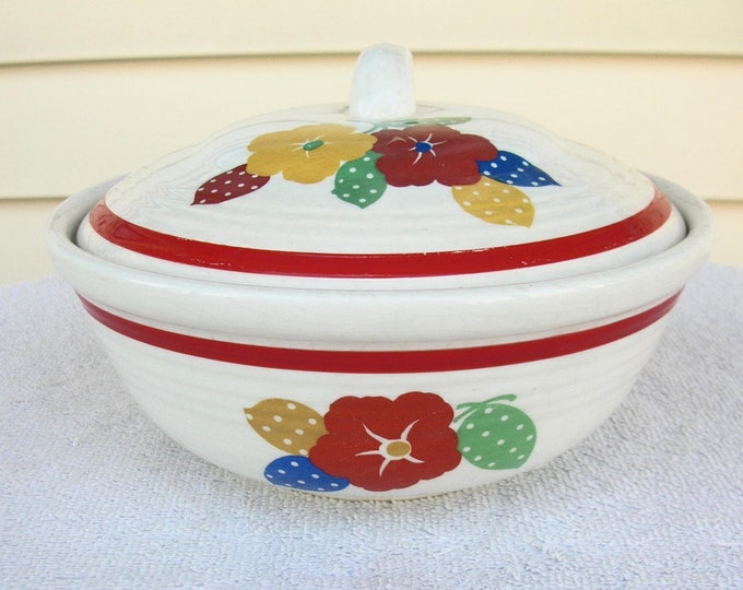 Vintage 1940s Hostess Ware by Pottery Guild Covered Casserole, Flower