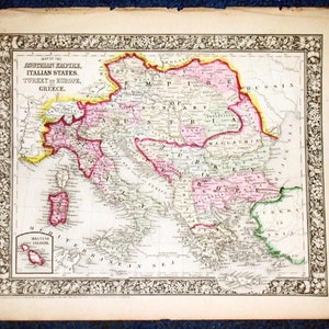 Original 1860 Mitchell Karte des österreichischen Reiches und der italienischen Staaten, 12,5 X 15,25