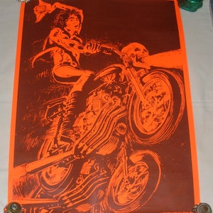 Original 1975 Dargis Black Light Poster, Motorcycle Rider, Scull, 19 X 26,