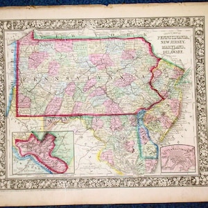 Originele 1860 Mitchell Kaart van Pennsylvania NJ, Maryland, Delaware 12,5 X 15,25
