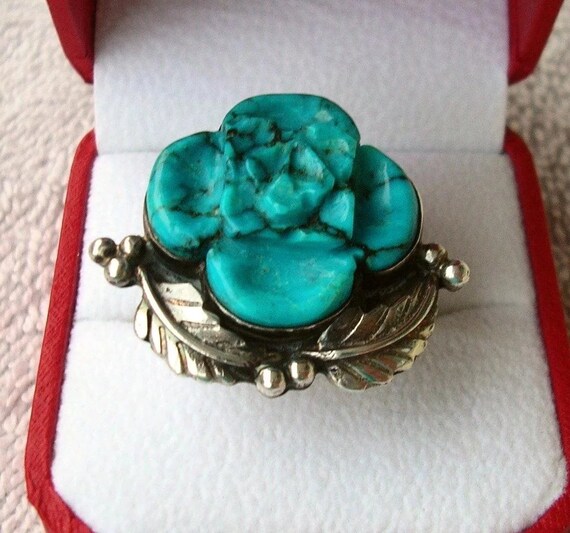 Sterling Silver & Large Turquoise Flower Ring 12 … - image 3