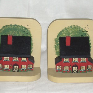 Pr. Vintage Hand Made & Painted Wooden Bookends, 7&quot;, Country Home