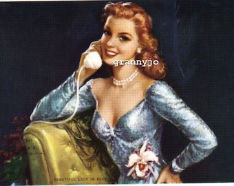 1940's Beautiful Calendar Art Lithograph, Beautiful Lady in Blue, Redhead