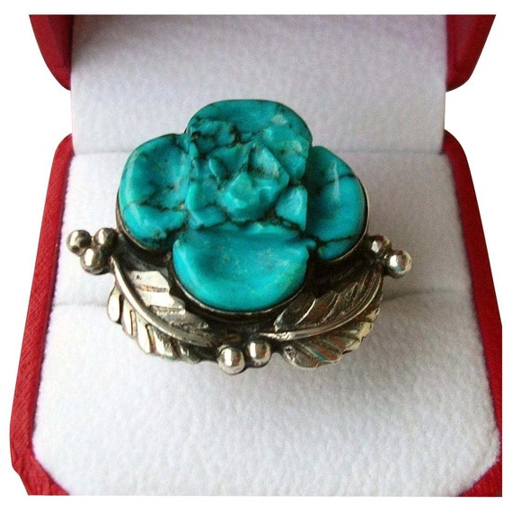 Sterling Silver & Large Turquoise Flower Ring 12 … - image 1