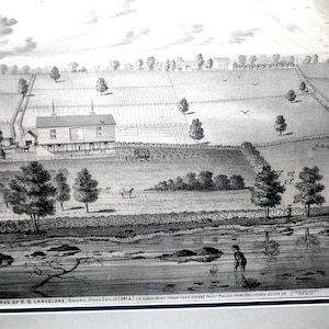 Impresión de 1876 del condado de Bucks, Pensilvania, granja y residencia de S.B. Larzelere, en el arroyo Neshaminy