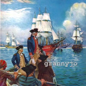 Puede incluir: Una pintura que representa a John Paul Jones revisando la fundación de la Armada estadounidense en 1775. La pintura muestra a Jones de pie en un bote con varios otros hombres, mirando hacia una flota de barcos en la distancia. El cielo es azul y nublado, y el agua es de un azul profundo.