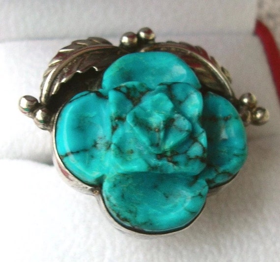 Sterling Silver & Large Turquoise Flower Ring 12 … - image 4