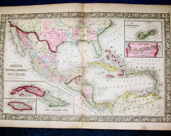Carte Mitchell originale de 1860 du Mexique AMÉRIQUE CENTRALE West Indies, Panama Railroad