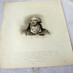 Może przedstawiać: Czarno-biały grawerunek przedstawiający Philip James de Loutherbourg, Esq. R.A. Grawerunek nosi tytuł "Philip James de Loutherbourg, Esq. R.A. Honl. Painter to the Duke & Duchess of Gloucester. Amicia Mistresse Dette in the Profession of Mr. de Loutherbourg."