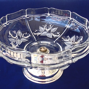 Vintage Pressed Crystal Glass, Silver tone Metal Pedestal,  Compote/Fruit Bowl