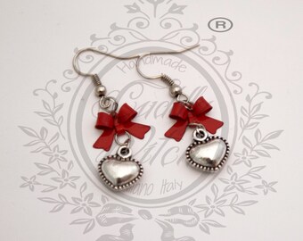 new! Earrings with heart in antiqued metal  red metal bow - cherry goth pin up retro rockabilly kawaii lolita