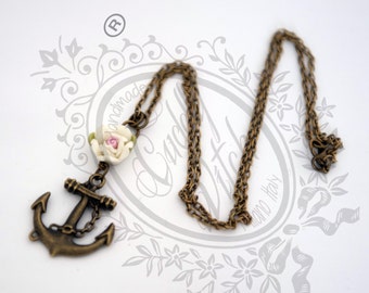 Necklace with antique brass anchor pendant and white flower - pin up rockabilly retro kawaii lolita vintage