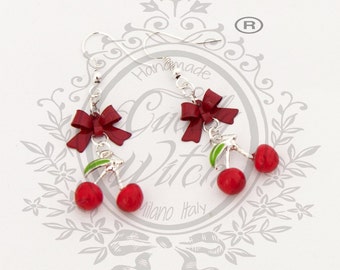 SALES DISCOUNT! cherry earrings, pendant. red metal bow and cherrie - cherry pin up rockabilly goth lolita kawaii retro