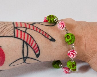 SALE IN OFFER! bracelet skulls aulite green, pink roses - pin up rockabilly rock and roll rocker gothic lolita