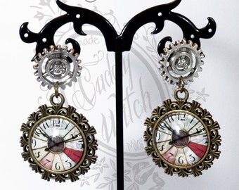 ONE PIECE.earrings, Victorian steampunk diesel punk gear mechanism clock, copper brass steel color, glass cabochon