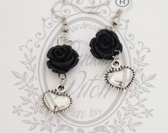 new! Earrings with heart in antiqued metal and acrylic black roses- cherry goth pin up retro rockabilly kawaii lolita