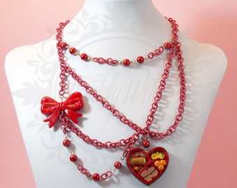 LIMITED EDITION! necklace heart of sushi resin red bow beads, aluminum chain - kawaii gothic lolita harajuku pin up rockabilly manga