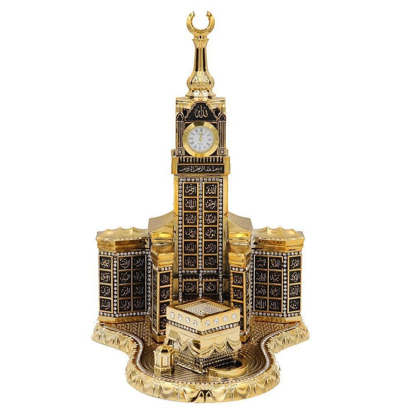 Gold Color Zamzam Clock Tower with names of Allah and Kaaba Islamic Sculpture