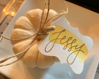 Watercolor Placecards with gold writing