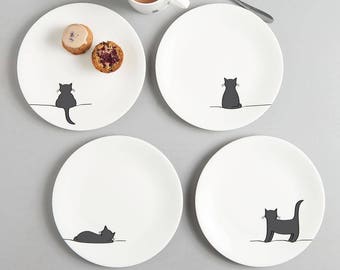 Katzen Beilagenteller Set von vier Fine Bone China Katzenliebhaber Geschenk, Katzenküche Dekor, süße Katzen, stilvolle Katzen