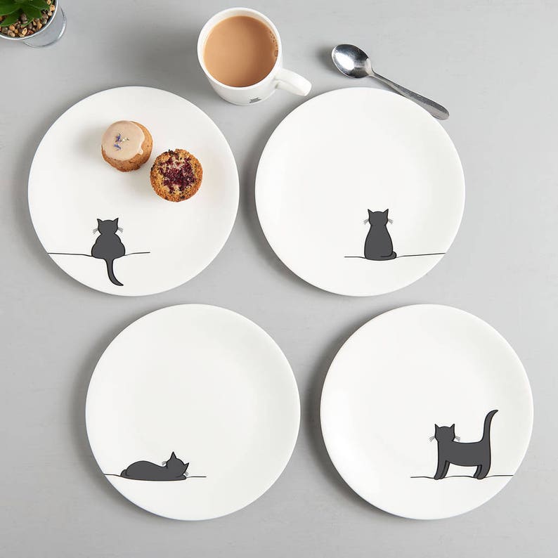 Cat Side Plates Set of Four Fine Bone China Cat Lover Gift, Cat Kitchen Decor, Cute Cats, Stylish Cats image 1