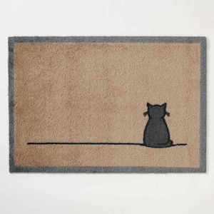 Capacho para porta de gato sentado em natural, 50 cm x 70 cm, capacho para porta de entrada interno lavável à máquina para amantes de gatos