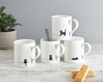 Cat Mugs, Set of Four, Fine Bone China, Gift for Cat Lovers, Boxed, Afternoon Tea Set, Small Coffee Mugs