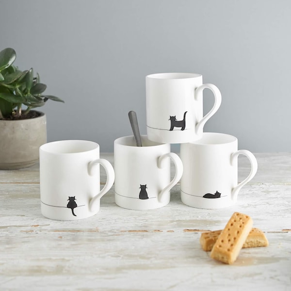 Tazas de gato, Juego de cuatro, Porcelana de hueso fino, Regalo para los amantes de los gatos, En caja, Juego de té de la tarde, Tazas de café pequeñas