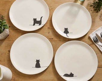 Cat Collection Dinner Plates Set of Four, 10inch, Fine Bone China Dinner Plates, Stylish Cat Tableware, Luxury Cat Lover Gift