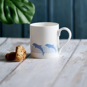 Dolphin Mug, Fine Bone China Mug, Coastal Mug Gift, White China Mug, Small Coffee Mug
