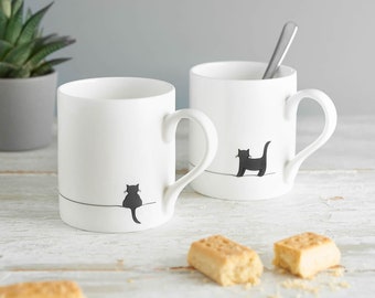 Cat Lover Mug Set, 2 Fine Bone China Mugs with Standing Cat and Crouching Cat, Gift for Cat Lovers, Small Coffee Mug Set