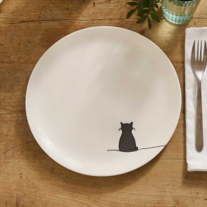 Sitting Cat Dinner Plate by Jin Designs on table with fork