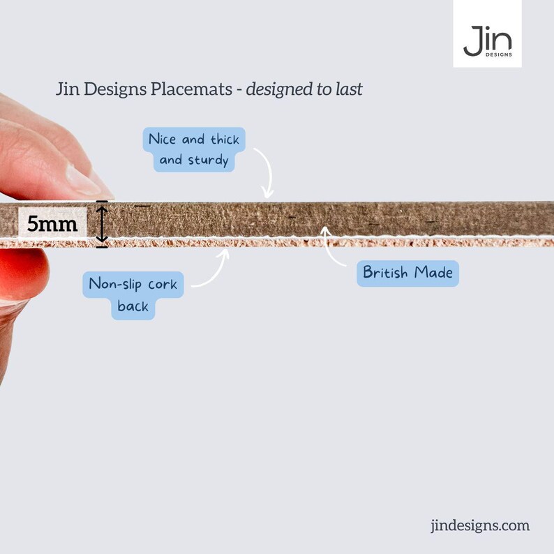 May include: Close-up of a placemat cross-section, 5mm thick, with a non-slip cork back. The text reads "Jin Designs Placemats - designed to last" and "British Made". The placemat is described as "Nice and thick and sturdy".