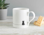Sitting Cat Mug, Fine Bone China, Luxury Cat Lover Coffee Mug, Cat Lover Gift, Gift for Cat Lover, Black Cat Mug, Small Tea Cup