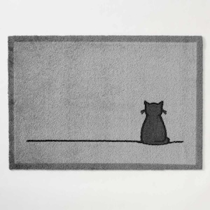 Capacho para gato sentado em cinza, 50 cm x 70 cm, capacho interno lavável à máquina para casa de amantes de gatos