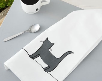 Cat Tea Towel with Standing Cat, Cat Lover Gift, Premium Cotton Kitchen Towel, Black Cat Gift