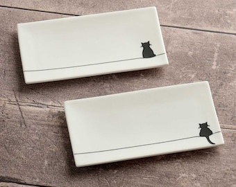 Sitting Cat and Crouching Cat Mini Tray Set of Two, Fine Bone China, Luxury Cat Lover Dish, Cat Lover Gift, Gift for Cat Lover