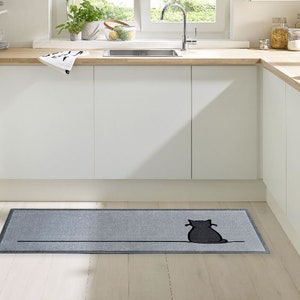 Capacho para gato sentado em cinza, 60 cm x 140 cm, capacho interno lavável à máquina para casa de amantes de gatos,