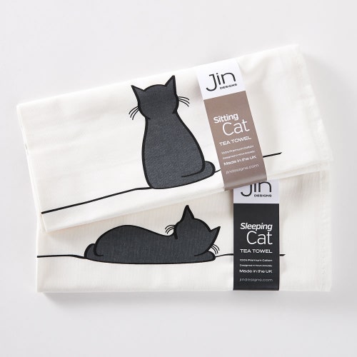 CAT BLACK AND WHITE SET OF 2 HAND TOWELS EMBROIDERED BY LAURA 