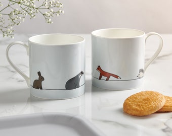 Woodland Collection Large Fine Bone China Mug, Single Mug with Badger, Fox, Hedgehog and Rabbit, Gift for Animal Lover