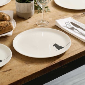 Sitting Cat Dinner Plate on table with bread and cutlery