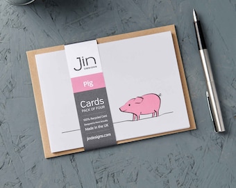 Pig Cards, Pack of Four, Pig Lover Cards, Blank Pig Greeting Cards