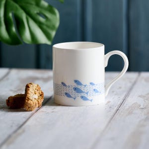 Fun Fish Mug, Fine Bone China Mug, Coastal Mug Gift, White China Mug, Small Coffee Mug