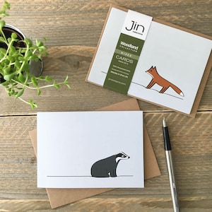 Cartes d’animaux de bois, paquet mélangé de quatre, Blaireau, Renard, Hérisson, lapin, cartes de vœux animales