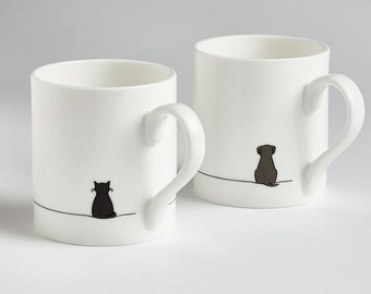 Cat and Dog Mug Set, Set of Two Fine Bone China Mugs with Sitting Cat and Sitting Dog, Small Coffee Mug Set