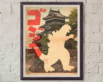 Godzilla Movie Poster / Silhouette / Godzilla Print / Vintage Style / Magazine Retro / Watercolor Background / Godzilla Poster