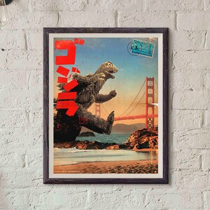Godzilla meets San Francisco - Godzilla meets United States Cities Series - Vintage Style Retro Print Cinema Studio California Print