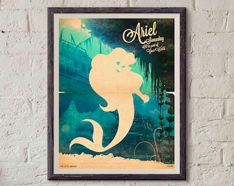 Wochenrabatt ! Die kleine Meerjungfrau Film Poster / Ariel Print / die kleine Meerjungfrau Poster / Vintage Stil / Retro Print / Aquarell Hintergrund